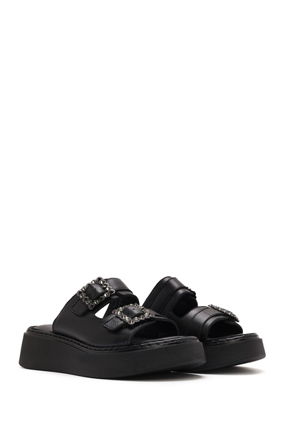 Derimod Kadın Siyah Çift Tokalı Kalın Tabanlı Deri Comfort Terlik 25SFD341518