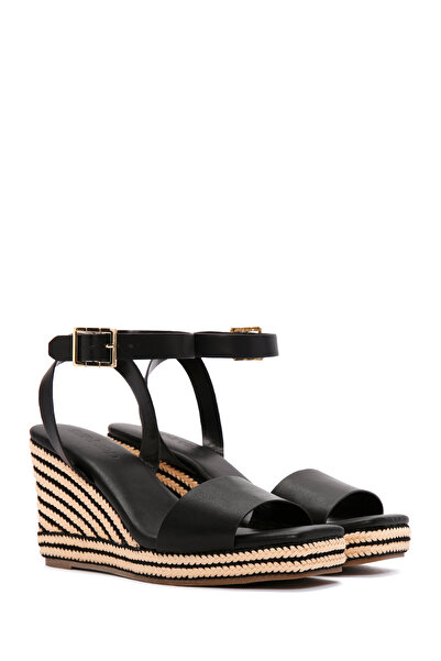 Derimod Women's Black Ankle Strap Wedge Heeled Espadrille 25Sfe 480718