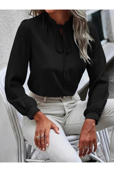 ARONA Mdb Women's Long Sleeve Collared Lace-Up Buttoned Sandy Blouse