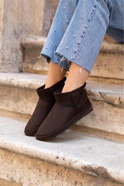 LORENN SHOES Ultra Mini Kahve Süet İçi Kürklü Düz Taban Kadın Bot