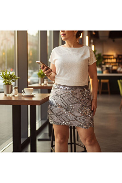 SADECE SEN DE gümüş pul payet işlemeli tül kumaş mini etek/beli tasarım riban...