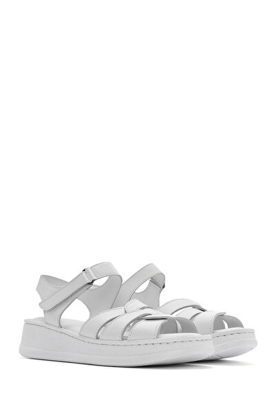 Derimod Kadın Beyaz Bantlı Kalın Tabanlı Hakiki Deri Comfort Sandalet 25SFD321418