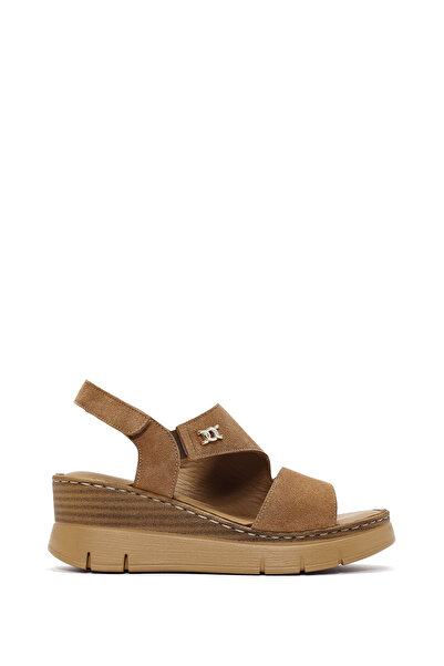 Derimod Women's Tan Thick Soled Ankle Buckle Suede Genuine Leather Comfort Sandals 25Sfd342010