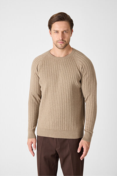 Frappoli Solen Men's Mink Italian Ribbed Cotton Crew Neck Sweater