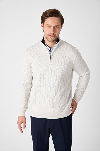 Frappoli Satka Чоловічий білий товстий в'язаний светр з напівзастібкою на блискавці з бавовни