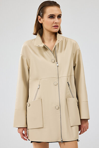 Derimod Dalida Kadın Krem Oversize Deri Ceket 24WGD5212U4