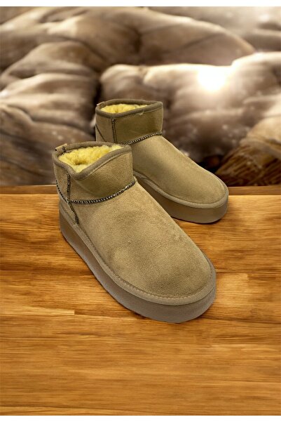 güneşayakkabı Kadın Süet İçi Kürklü Kalın Taban Bilekte Kısa Ug Bot Vizon