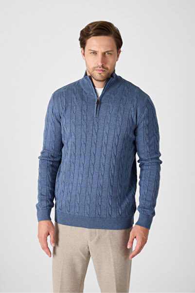 Frappoli Satka Мъжки индиго дебел плетен пуловер с половин цип от памук