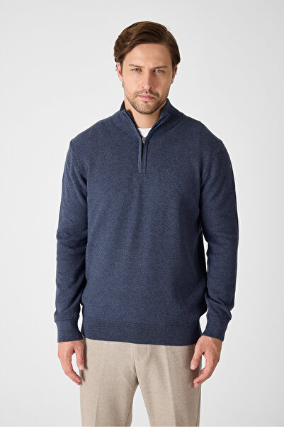 Frappoli Tolex Men's Navy Blue-Melange Open Stitch Cotton Blend Half Zipper Sweater