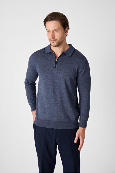 Frappoli Solin Men's Navy Blue-Melange Italian Ribbed Zippered Cotton Sports Polo Collar