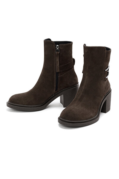 Derimod Kadın Kahverengi Topuklu Fermuarlı Süet Deri Bot 24WFD211010