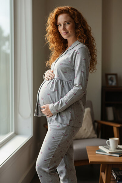 ByGamzeArman Long Sleeve Pink Butterfly Pattern Combed Cotton Fabric Maternity Pajama Set