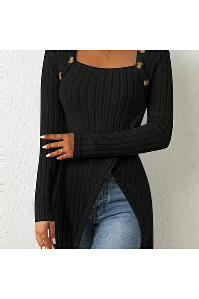 MODA Γυναικεία μακρυμάνικη μπλούζα με κουμπιά με βαθύ τετράγωνο λαιμό και λεπ...