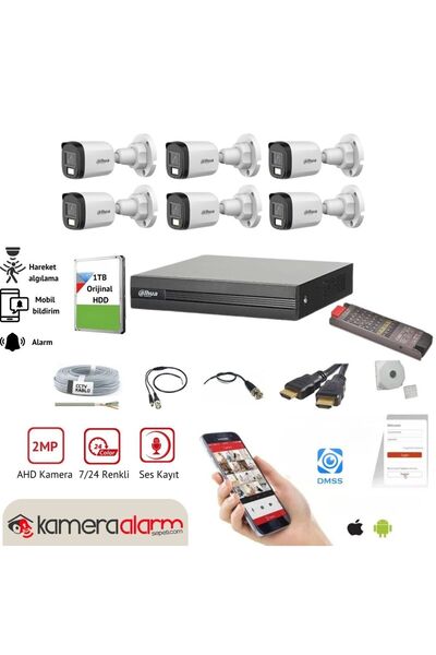 DAHUA 6 Kameralı 7/24 Renkli Görüşlü Dahili Mikrofonlu Güvenlik Kamerası Seti - Uzaktan Izleme - 1tb Hdd