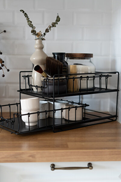 Dekorzdükkan İki Katlı Metal Çekmeceli Organizer (Siyah Renk)