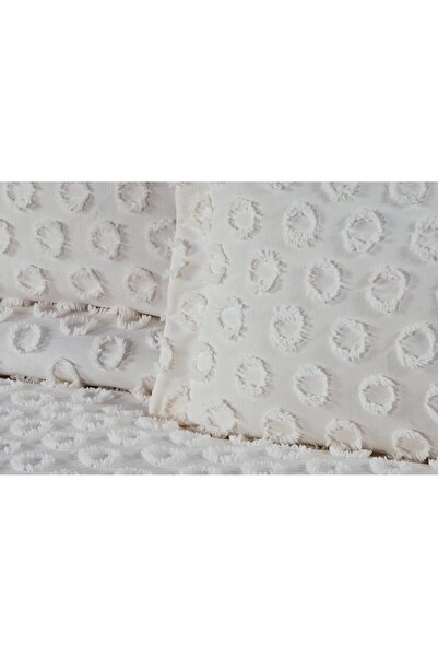 ARSEM EV TEKSTİL Bodrum Ponpon Cream Double Bedspread Pike Chenille 3 Pieces