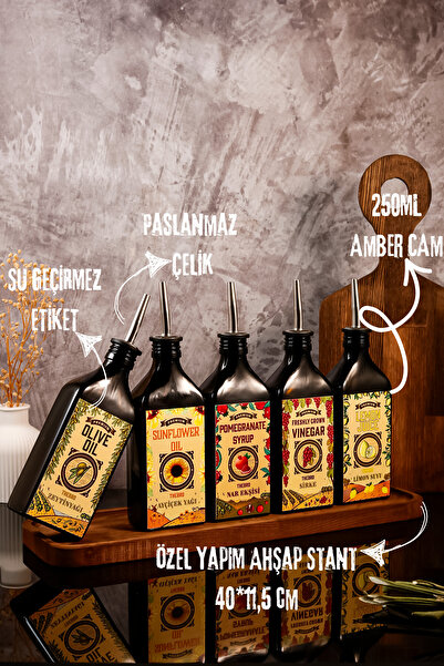 TheBRo 250ml Carmen Series Olive Oil, Sunflower Oil, Vinegar, Pomegranate Syrup, Lemon Juice Set with Wooden Stand