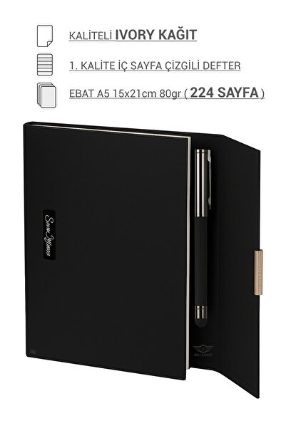 MELL & SWIPE Kişiye Özel Kalem Not Defteri Isim Baskılı Set Touchpen Roller Siyah Termo Deri 224yaprak Ivorykağıt