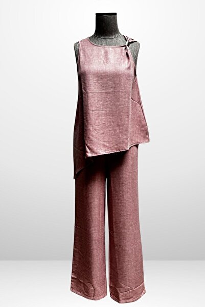 By Saygı Women's Buckle Detailed Skirt Asymmetrical Blouse Elastic Waist Pocket Palazzo Trousers Linen 2 Piece Set