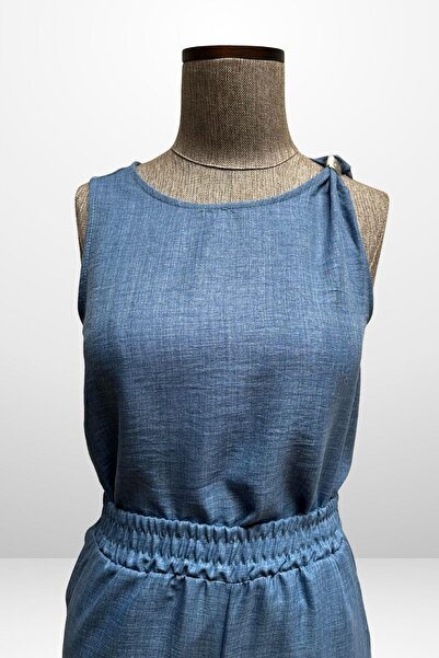 By Saygı Fusta cu detaliu cu cataramă pentru femei Bluză asimetrică Pantaloni palazzo cu buzunare cu talie elastică Set de 2 piese din in