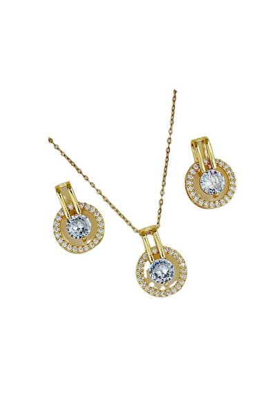 huitich طقم قلادة وأقراط من الكريستال الدائري باللون الذهبي