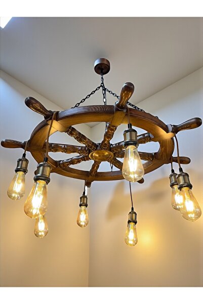 Can Marangozluk Ahşap 87 Cm Rustik Ahşap Gemi Dümeni Avizesi Endüstriyel Zincirli, Açık Ceviz,Eskitme Renk Duy