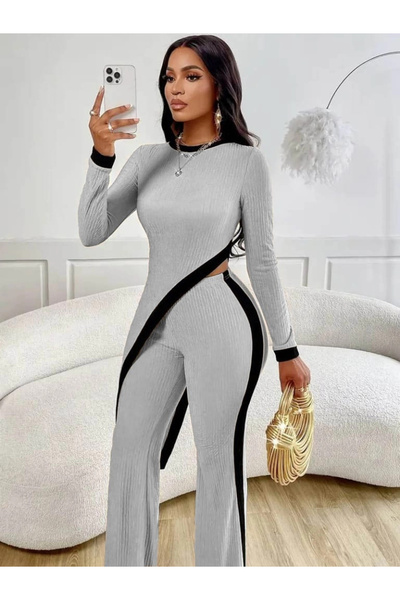MODA Γυναικεία Μπλούζα με Μακρυμάνικο και Στρογγυλή Λαιμόκοψη, Ασύμμετρο Κομμάτι, Επένδυση fleece Πλέξη ριμπ και Παντελόνι σε Σετ Δύο Τεμαχίων