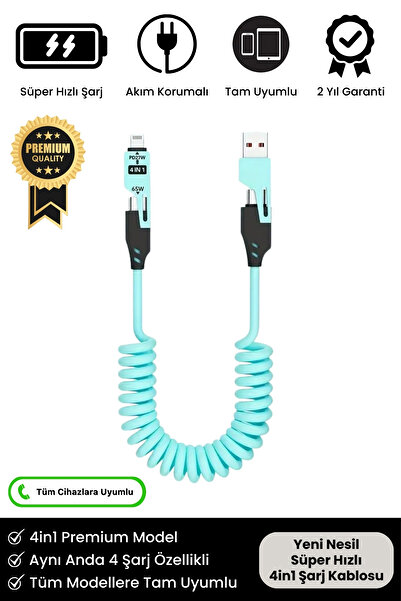 Noriyen Süper Hızlı 65w 4in1 Turbo ve Hızlı Şarj Micro + Type-C + Lightning 3...