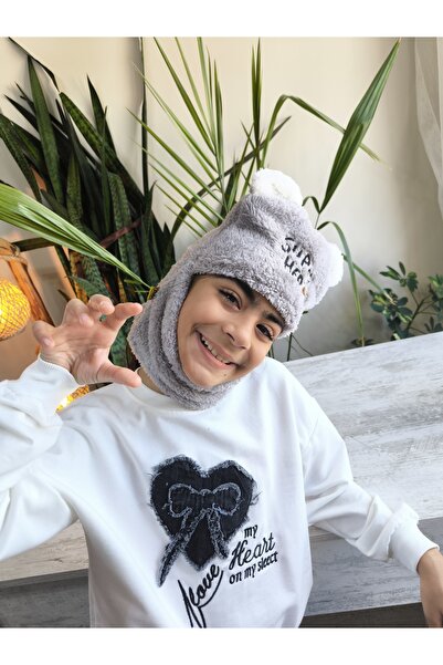 Şimo Butik Girls Boys Unisex Self-Necked Beanie with Plush Figure Soft Ear Protection Gray