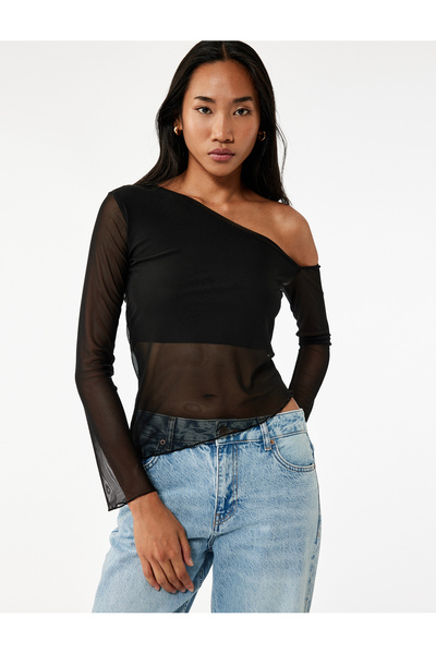 Koton Asymmetrical Cut Lined Long Sleeve Tulle T-Shirt