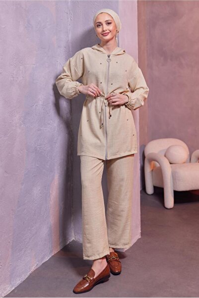 TRENDTESETTÜR KADIN BEJ KAPÜŞONLU PANTOLONLU TAKIM T 1493