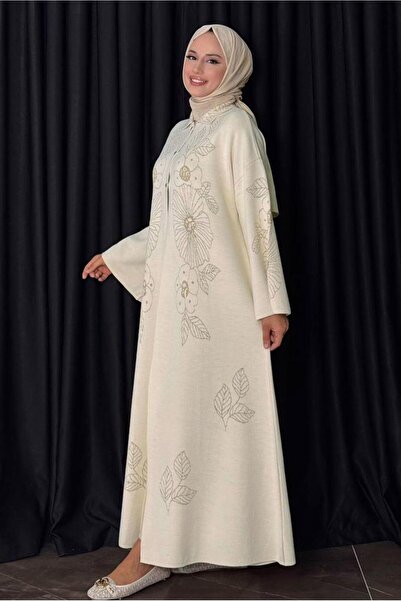 TRENDTESETTÜR Women's Beige (Stone) Flower Patterned Knitwear Cardigan t 01381