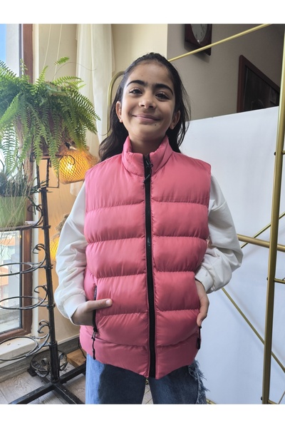Şimo Butik Girls-Boys Children's Inflatable Vest with Lining, Zippered Pockets, Waterproof, Windproof, Heat Insulated, Pink