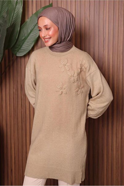 TRENDTESETTÜR Women's Beige Stone Detail Knit Tunic t 1207