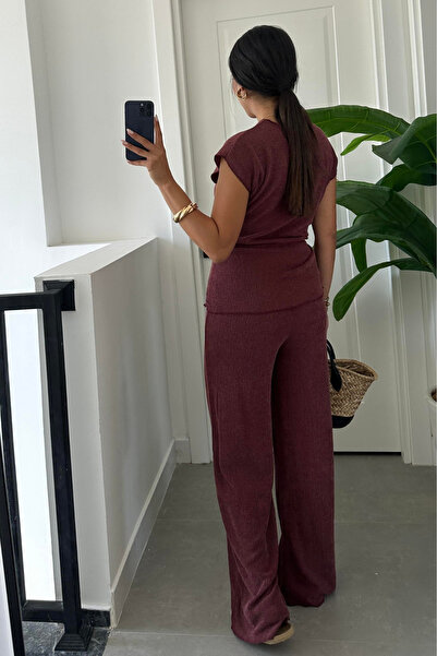 Paw Garage Women's Sienna 4 Seasons Burgundy Lace-Up Detailed Crinkle Fabric Blouse and Pants Set