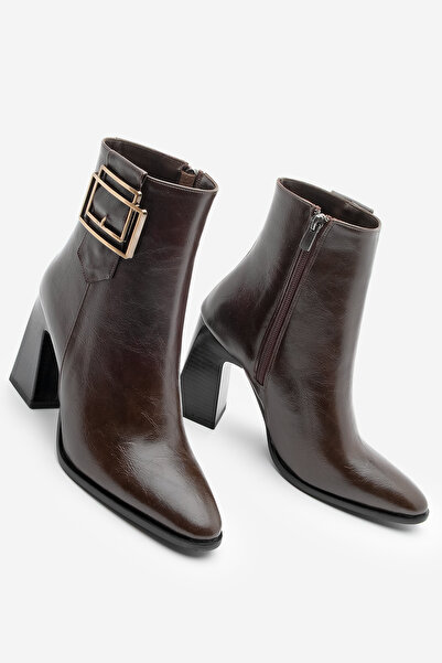 Marjin Kadın Kalın Topuklu Tokalı Topuklu Bot Linate Kahve