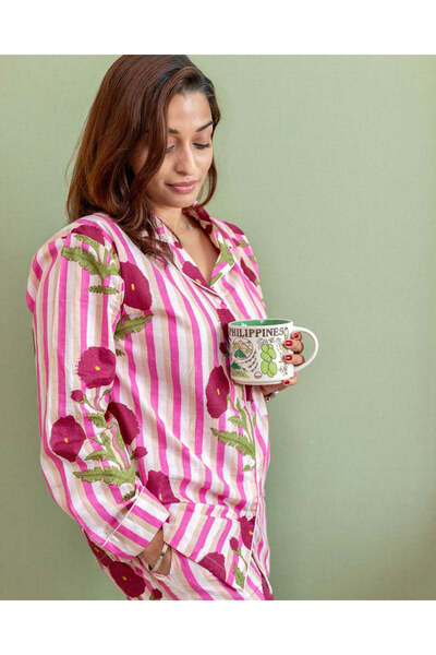 Ruh Collections طقم بيجامة قطنية مزخرفة بنقشة زهور وردية