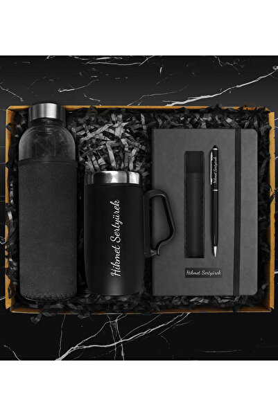 Apollon Gift Shop Kılıflı Matara & Kişiye Özel Çelik Bardak Termos & Defter & Deri Kılıflı Touch Pen Kalem Hediye Seti