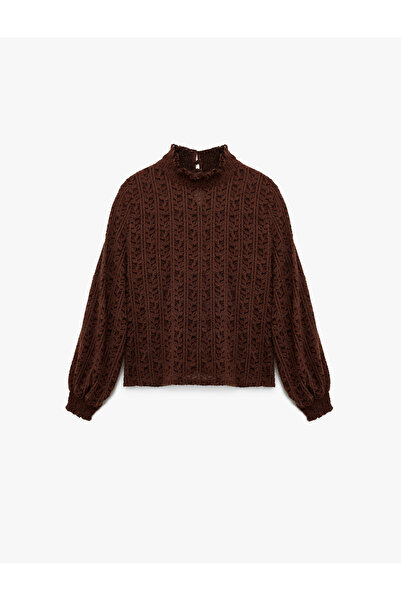 Koton Long Balloon Sleeve Ruffled Stand Collar Lace Blouse