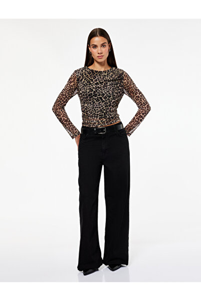 Koton Tricou cu mânecă lungă, cu decolteu, cu model leopard, cu detaliu drapat