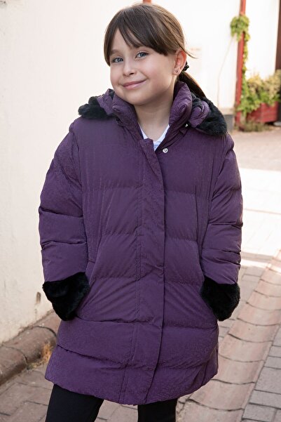 Cansın Mini Palton puf cu glugă pentru fetiță, cu mânecă mov, cu blană, lână în interior 21327
