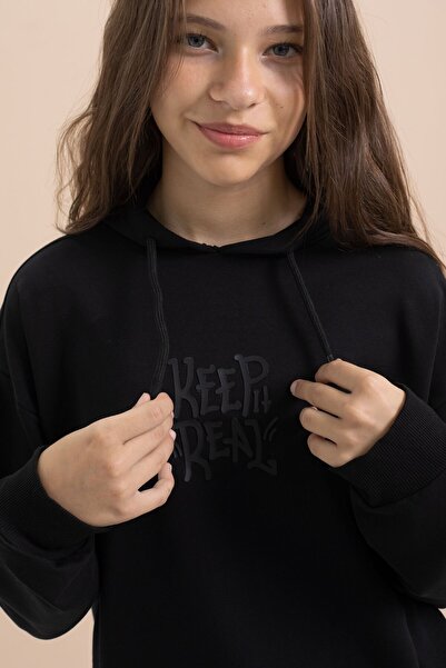 Cansın Mini Σετ αθλητικής φόρμας για κορίτσια με μαύρη εκτύπωση κειμένου με κουκούλα και φαρδιά πόδια 21429