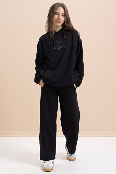 Cansın Mini Σετ αθλητικής φόρμας για κορίτσια με μαύρη εκτύπωση κειμένου με κουκούλα και φαρδιά πόδια 21429