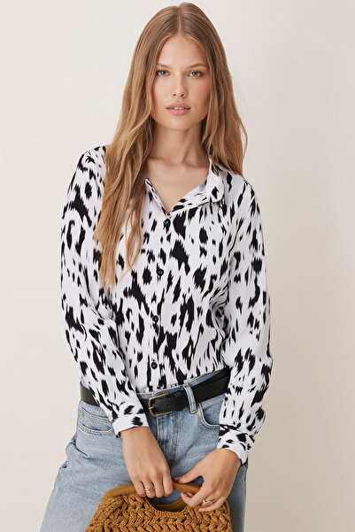 armonika Beige-Black Patterned Women's Shirt Long Sleeve - ARM-24K001017