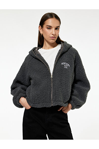 Koton Oversize Hooded Embroidered Zippered Plush Jacket