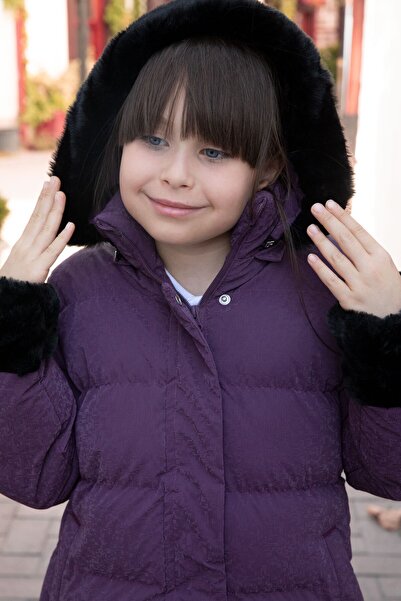 Cansın Mini Palton puf cu glugă pentru fetiță, cu mânecă mov, cu blană, lână în interior 21327