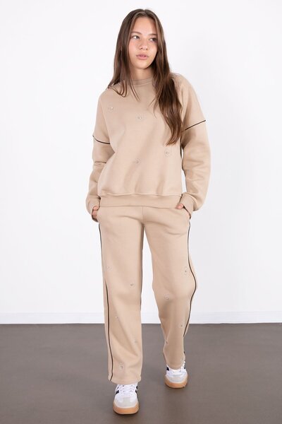 Cansın Mini Μπεζ παγιέτες κεντημένο σετ κοριτσίστικη φόρμα 2 τεμαχίων 21427