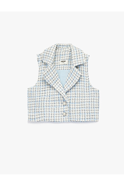 Koton Кръстосана яка без ръкави, туид жилетка с перлени копчета