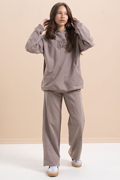 Cansın Mini Σετ αθλητικής φόρμας για κορίτσια με κουκούλα με στάμπα καφέ 21430