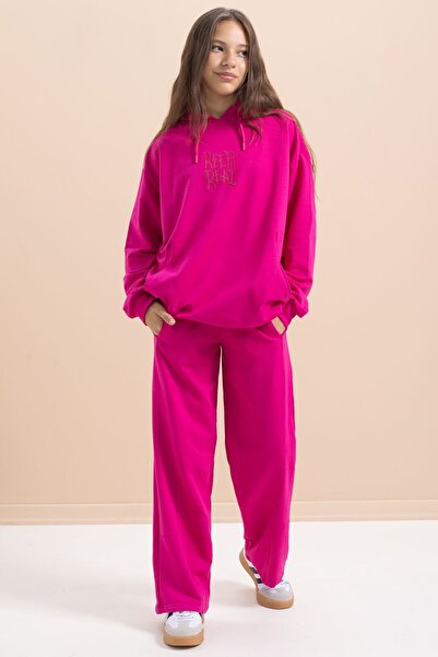 Cansın Mini Φούξια σετ αθλητικής φόρμας για κορίτσια με κουκούλα με φαρδιά πόδια 21432